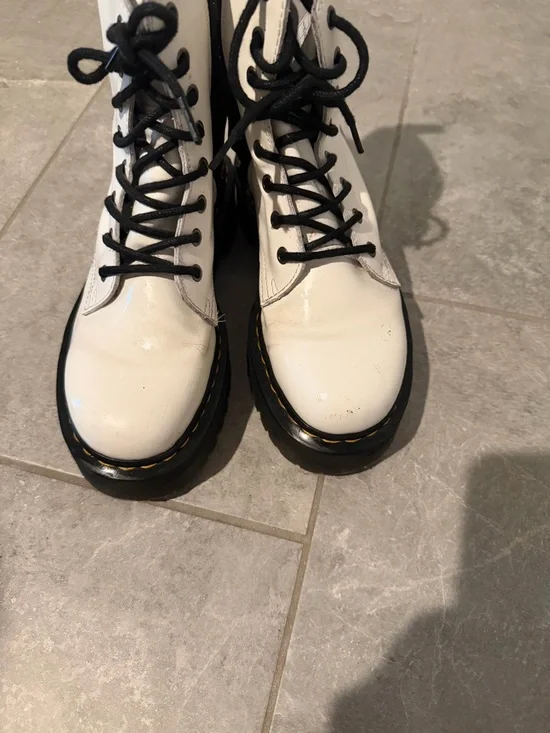 Dr. Martens White Lace-Up Platform Combat Boots with Yellow Welt Stitching - Picture 2 of 4